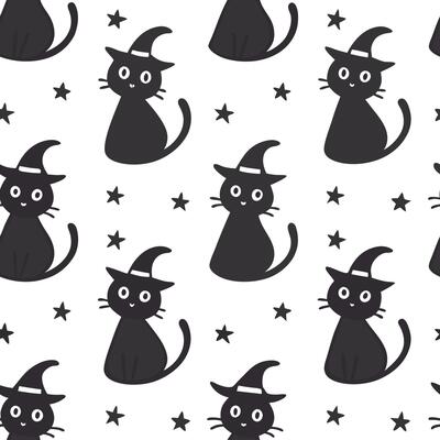 Flat Black cats and witches seamless tile pattern with mystical elements and dark colors for magical Halloween decor concept as Mystical black cats and witches arranged seamlessly flat