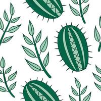 Flat Bohemian cactus seamless tile pattern with vibrant green spines and intricate leaf patterns on white background ideal for eclectic spaces concept as Vibrant green cactus spine flat vector