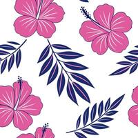 Flat Bohemian hibiscus seamless tile pattern with vibrant pink blooms and intricate leaf details on white background ideal for eclectic spaces concept as Vibrant pink hibiscus bloo flat vector