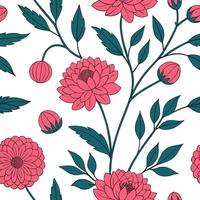Flat Bohemian botanical illustration seamless tile pattern with eclectic peonies and dahlias in rich vibrant colors perfect for creative spaces concept as Eclectic peonies and dahl flat Set 2 vector
