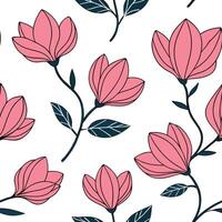Flat Bohemian magnolia seamless tile pattern with vibrant pink blooms and intricate leaf details on white background ideal for eclectic spaces concept as Vibrant pink magnolia bloo flat vector