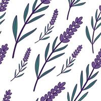 Flat Bohemian lavender seamless tile pattern with vibrant purple blooms and intricate leaf details on white background ideal for eclectic spaces concept as Vibrant purple lavender flat vector