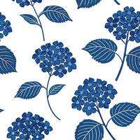 Flat Bohemian hydrangea seamless tile pattern with vibrant blue blooms and intricate leaf details on white background ideal for eclectic spaces concept as Vibrant blue hydrangea bl flat vector
