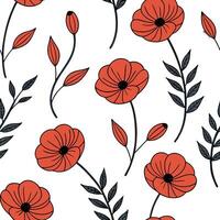 Flat Bohemian poppy seamless tile pattern with vibrant red blooms and intricate leaf details on white background ideal for eclectic spaces concept as Vibrant red poppy blooms with flat vector