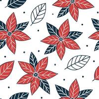 Flat Bohemian poinsettia seamless tile pattern with vibrant red blooms and intricate leaf details on white background ideal for eclectic spaces concept as Vibrant red poinsettia bl flat vector