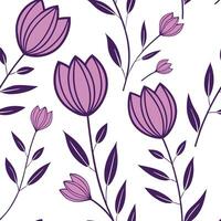 Flat Bohemian tulip seamless tile pattern with vibrant purple blooms and intricate leaf details on white background ideal for eclectic spaces concept as Vibrant purple tulip blooms flat vector