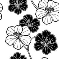 Flat Bold black and white geranium seamless pattern with intricate linework on white background concept as Intricate black and white geraniums with bold linework forming a striking flat vector