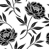 Flat Bold black and white peony seamless pattern with intricate linework on white background concept as Intricate black and white peonies with bold linework forming a striking seam flat vector