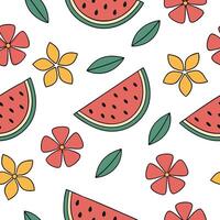 Flat Bold summer seamless pattern with tropical fruit slices and bright floral accents for a fun tropical look concept as Tropical fruit and flower pattern with bold slices and bri flat vector