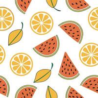 Flat Bold summer seamless pattern with bright citrus fruits and playful colors for a refreshing summer aesthetic concept as Playful summer pattern with citrus fruits and bright col flat vector