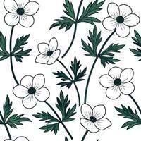 Flat Botanical Anemone seamless pattern with detailed petals and green stems on white background concept as Detailed botanical Anemone flowers with lush green stems creating rich s flat vector