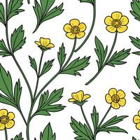 Flat Botanical buttercup seamless pattern with detailed petals and green stems on white background concept as Detailed botanical buttercups with lush green stems creating a rich se flat vector