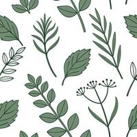 Flat Botanical garden herb seamless tile pattern with various herb species in natural greens on a white background perfect for serene spaces concept as Various herb species in natu flat vector