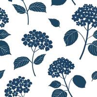 Flat Botanical garden hydrangea seamless tile pattern with various hydrangea species in natural blues on white background perfect for serene spaces concept as Various hydrangea spe flat vector