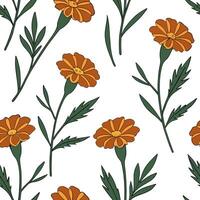 Flat Botanical garden marigold seamless tile pattern with various marigold species in natural oranges on white background perfect for serene spaces concept as Various marigold spec flat vector