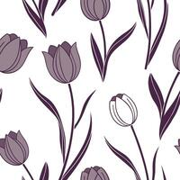Flat Botanical garden tulip seamless tile pattern with various tulip species in natural purples on white background perfect for serene spaces concept as Various tulip species in na flat vector