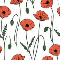 Flat Botanical garden poppy seamless tile pattern with various poppy species in natural reds on white background perfect for serene spaces concept as Various poppy species in natur flat vector