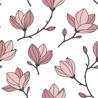 Flat Botanical garden magnolia seamless tile pattern with various magnolia species in natural pinks on white background perfect for serene spaces concept as Various magnolia specie flat vector