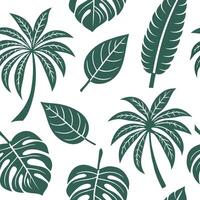 Flat Botanical illustration tropical leaves seamless tile pattern with detailed monstera and palm drawings and monochromatic green palette for elegant spaces concept as Detailed mo flat vector