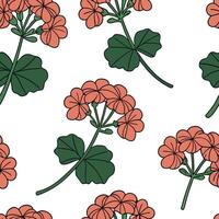 Flat Botanical geranium seamless pattern with detailed petals and green stems on white background concept as Detailed botanical geraniums with lush green stems creating a rich seam flat vector