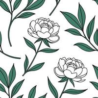 Flat Botanical peony seamless pattern with detailed petals and green stems on white background concept as Detailed botanical peonies with lush green stems creating a rich seamless flat vector