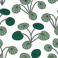 Flat Botanical Pilea seamless pattern with detailed leaves and green stems on white background concept as Detailed botanical Pilea leaves with lush green stems creating a rich seam flat vector