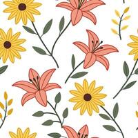 Flat Bright and bold spring flower seamless pattern with lilies and sunflowers for energetic rooms concept as Bold and vibrant spring flowers like lilies and sunflowers arranged se flat vector
