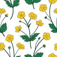Flat Bright buttercup seamless tile pattern with vibrant yellow blooms arranged symmetrically on white background concept as Symmetrical arrangement of vibrant yellow buttercups cr flat vector