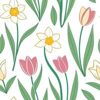 Flat Bright and colorful spring garden seamless pattern with daffodils and tulips for lively garden spaces concept as A lively garden full of daffodils and tulips arranged in a sea flat vector