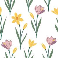 Flat Bright and fresh spring pastel seamless pattern with crocuses and daffodils for lively outdoor spaces concept as Fresh crocuses and daffodils arranged in bright pastel colors flat vector