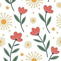 Flat Bright spring sunshine seamless pattern with golden light and vivid flowers for a cheerful vibrant spring design concept as Vivid spring sunshine pattern with golden light and flat vector