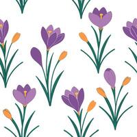 Flat Bright spring garden seamless pattern with crocuses and hyacinths for cheerful garden spaces concept as Cheerful spring garden design featuring crocuses and hyacinths seamless flat vector