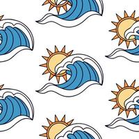 Flat Bright summer waves seamless pattern with energetic sunbursts and colorful ocean waves for high energy designs concept as High energy summer wave pattern with sunbursts and co flat vector