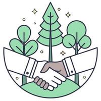 Flat Business handshake merging into a forest with bokeh lights concept as A soft abstract image showing two hands shaking seamlessly blending into a lush forest with gentle bokeh flat vector