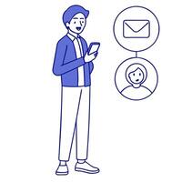 Flat Businessman holds smartphone with Contact Us icons for mail phone and email symbolizing customer support and connectivity concept as Highlights digital tools for seamless cus flat vector