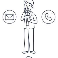 Flat Businessman holds mobile smartphone with contact icons mail phone email symbolizes customer support and workplace connectivity concept as Highlights seamless communication flat vector