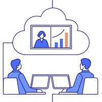 Flat Business Meeting Focused on Cloud Migration Plans concept as A business meeting focused on cloud migration plans with executives presenting strategies on digital screens in a flat vector