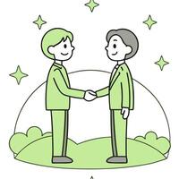 Flat Business handshake merging into green landscape and copy space concept as Glossy image showing a business handshake that merges seamlessly into a green landscape symbolizing h flat vector