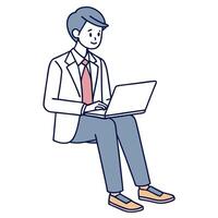 Flat Busy young HR manager at laptop taking notes juggling e learning session driving efficient communication in lively corporate setting concept as Professional environment foste flat vector