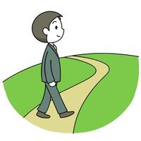 Flat Business person walking on a path merging into a green field concept as A silhouette of a business person walking on a path that seamlessly blends into a vibrant green field s flat vector