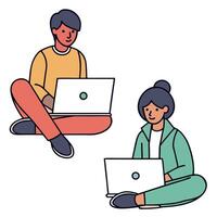Flat Candid photo of a tech savvy team collaborating on cloud based platforms with copy space concept as A candid photo of a tech savvy team working together on laptops and tablets flat vector