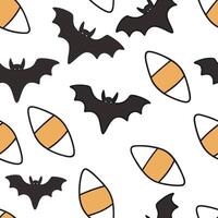 Flat Candy corn and bats seamless tile pattern with bright colors and spooky elements for playful Halloween decor concept as Bright candy corn and spooky bats arranged seamlessly f flat vector