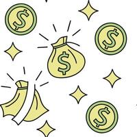 Flat Cartoon seamless tiles with animated currency symbols and discount signs concept as A lively cartoon style seamless tile pattern featuring animated currency symbols like wavin flat vector