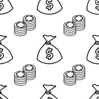 Flat Cartoon money bags and stacks of coins arranged in a seamless tile pattern with a clean white background designed to represent wealth and savings in business concept as This flat vector