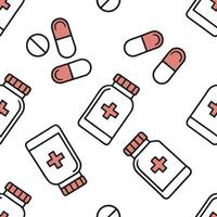 Flat Cartoon Medicine Tiles concept as Design a seamless background of cartoon style medicine bottles and pills Camera zooms out to show the full pattern emphasizing the importanc flat vector
