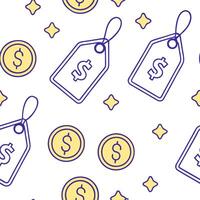 Flat Cartoon seamless tiles with floating discount signs and currency icons concept as A vibrant cartoon style seamless tile pattern featuring floating discount signs and various c flat vector