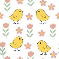 Flat Charming Easter chicks and spring flowers seamless tile pattern with pastel colors concept as Pastel colors highlight charming Easter chicks amidst spring flowers in seamless flat vector