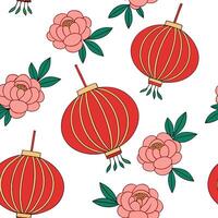 Flat Chinese lanterns and peonies seamless tile pattern with vibrant reds and lush pinks for festive decor concept as Vibrant red lanterns and lush pink peonies arranged seamlessly flat vector