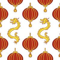 Flat Chinese lanterns and dragons seamless tile pattern with vibrant reds and golds for festive decor concept as Vibrant red lanterns and golden dragons arranged seamlessly for fes flat vector