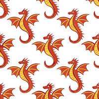 Flat Chinese dragons and phoenixes seamless tile pattern with vibrant reds and golds for festive decor concept as Vibrant red dragons and golden phoenixes arranged seamlessly for f flat vector